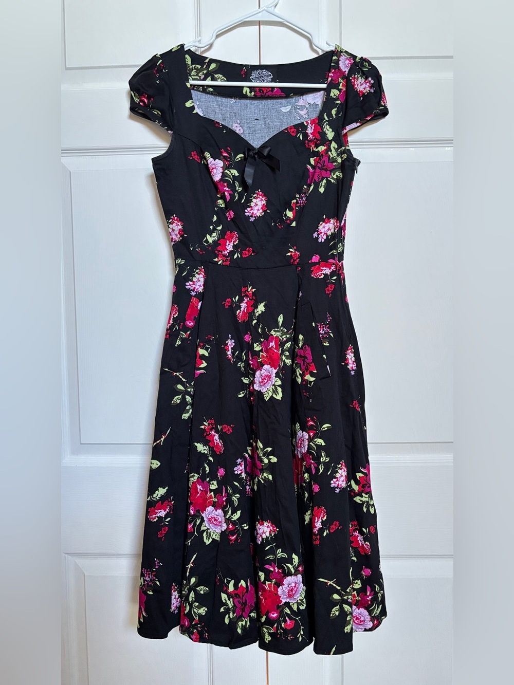 H&R London Womens Black Floral Rockabilly Fit Flare Dress UK 8 US 4